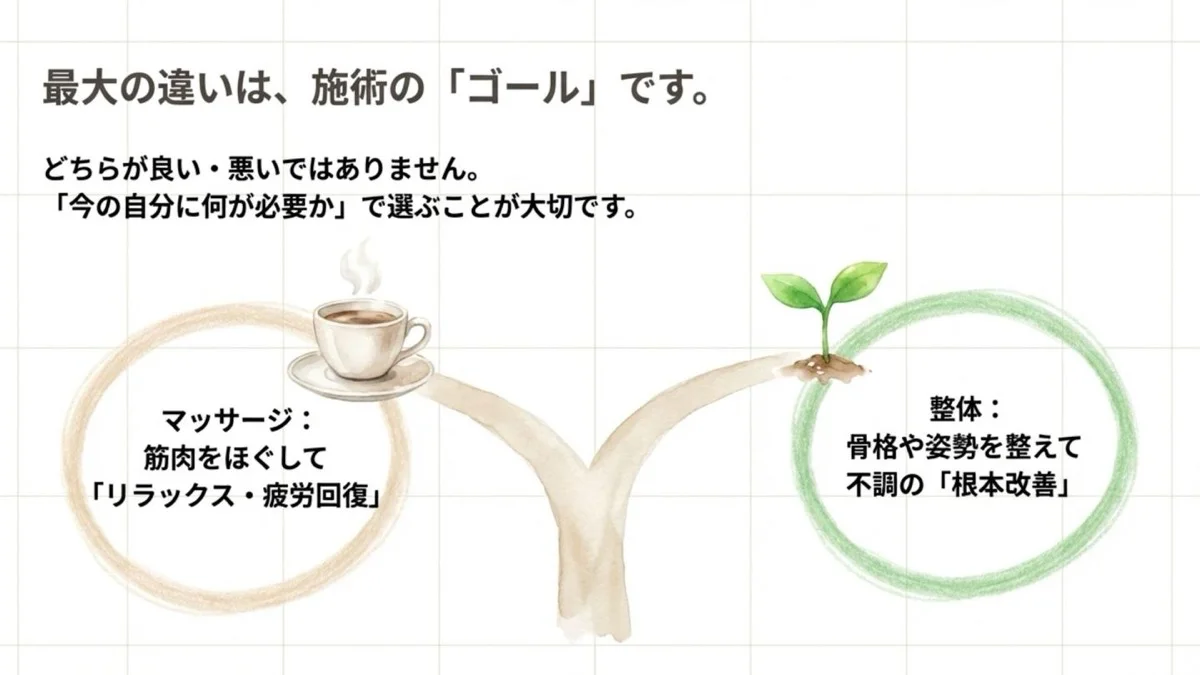 整体とマッサージの最大の違いは施術の「ゴール」にあることを解説するスライドです。マッサージは筋肉をほぐす「リラックス・疲労回復」、整体は骨格や姿勢を整える「不調の根本改善」を目的にしていることを示しています。
