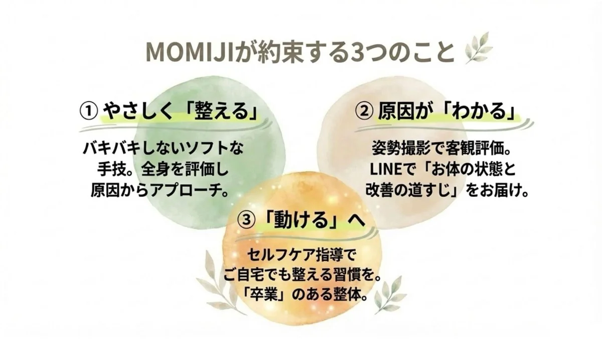 MOMIJIが約束する「やさしく整える」「原因がわかる」「動ける」という3つのポイントを紹介するスライドです。バキバキしないソフトな手技や姿勢撮影による客観評価、「卒業」を目指すセルフケア指導といった特徴を説明しています。