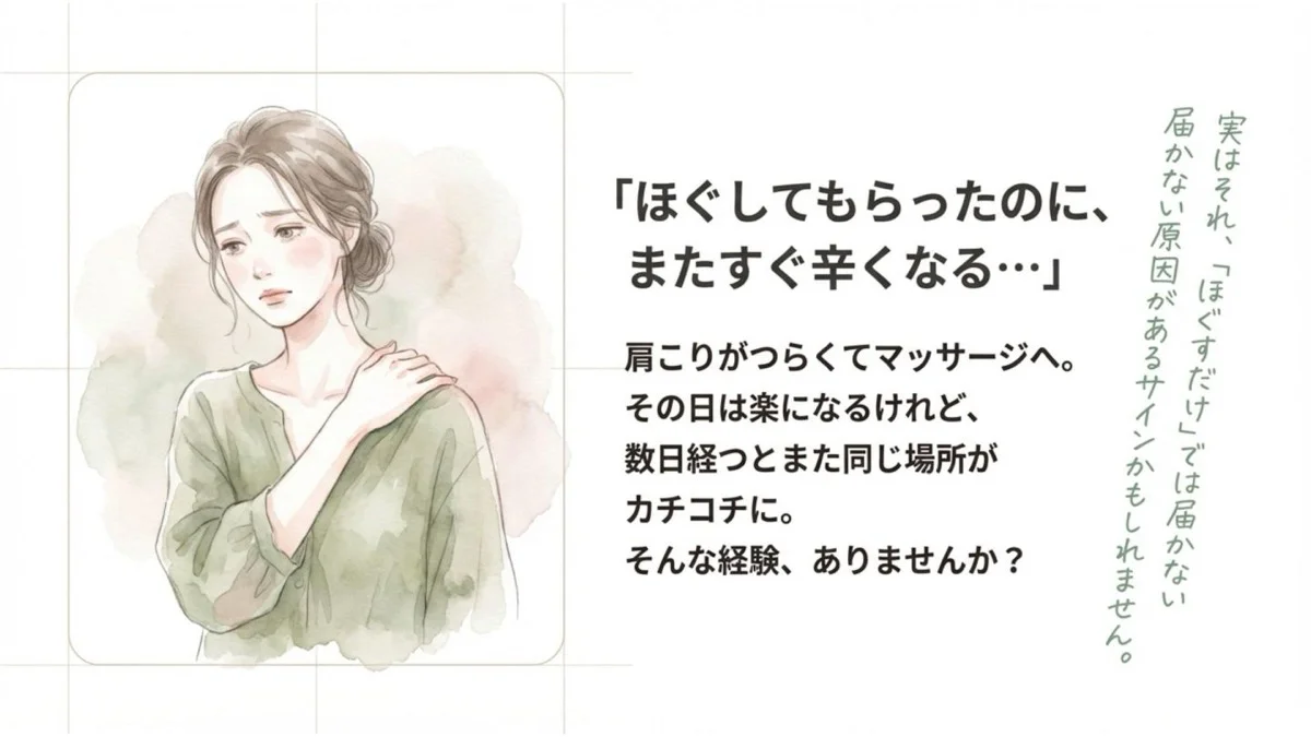 ほぐしてもらったのに、またすぐ辛くなる」という肩こりの悩みに対し、ほぐすだけでは原因に届かないサインかもしれないことを伝えるスライド