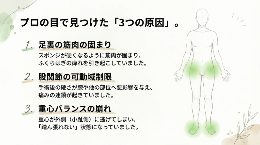 プロの目で見つけた「3つの原因」 1. 足裏の筋肉の固まり 2.股関節の可動域制限 3．重心バランスの崩れ 