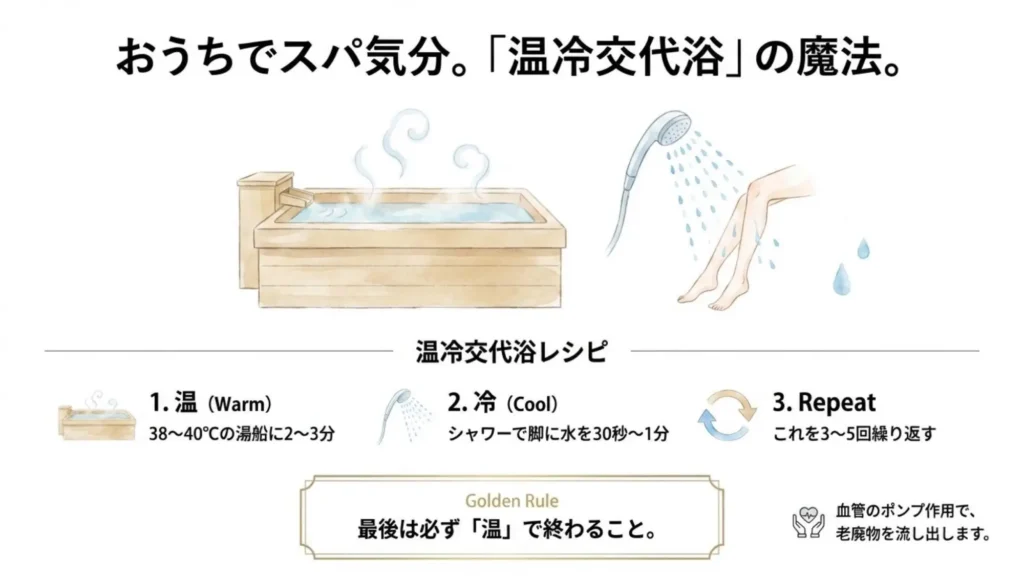 木の浴槽とシャワーの水彩イラスト。温冷交代浴の手順を3ステップで解説。38〜40℃の湯船→冷水シャワー→3〜5回繰り返し。最後は温で終わるゴールデンルール。