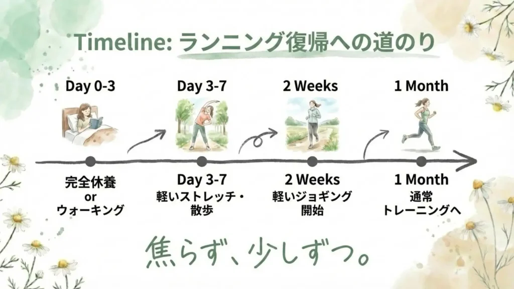 ランニング復帰のタイムラインイラスト。Day 0-3は完全休養、Day 3-7は軽いストレッチと散歩、2週間後に軽いジョギング、1か月後に通常トレーニング。各段階に女性の水彩イラスト付き。