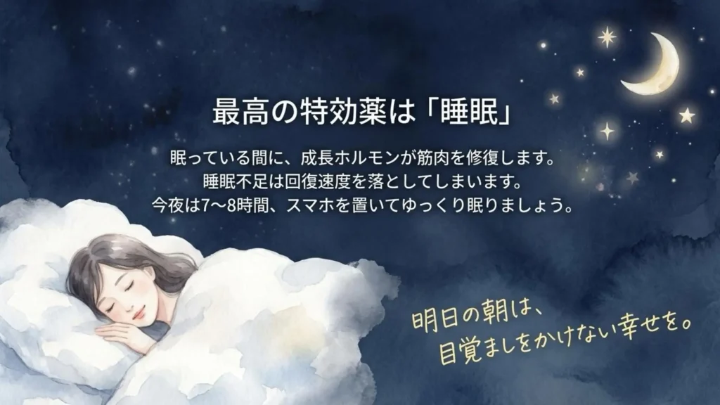 眠る女性と夜空に浮かぶ月と星の水彩イラスト。「最高の特効薬は睡眠」として、7〜8時間の睡眠と成長ホルモンによる筋肉修復を説明。