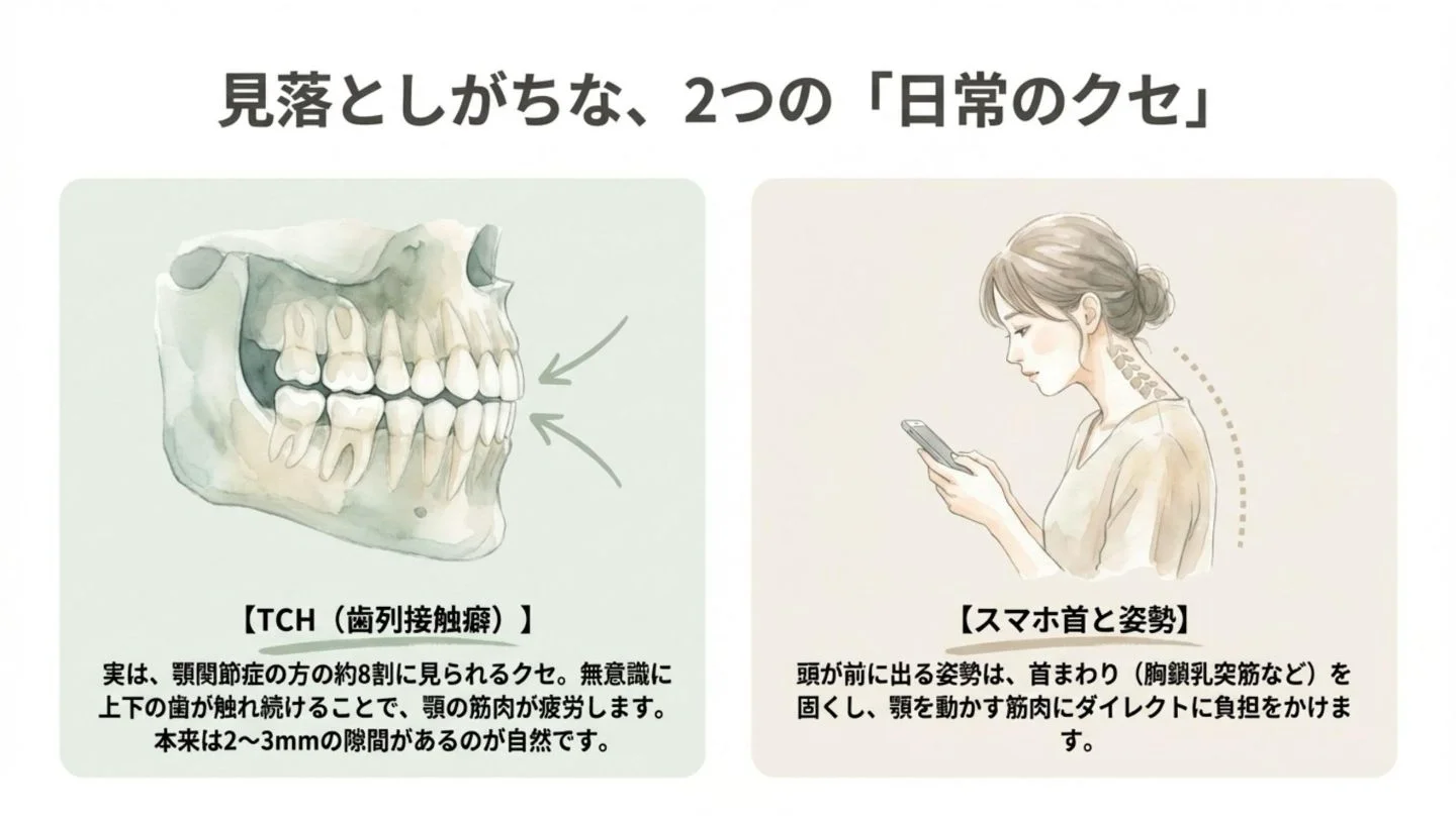 顎関節症の原因として見落としがちな2つの日常のクセ。無意識に上下の歯が触れるTCH（歯列接触癖）と、顎の筋肉に負担をかけるスマホ首・姿勢の崩れについての図解