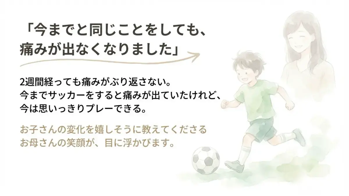 お子様のお客様の声「今までと同じことをしても、痛みが出なくなりました」。スポーツやサッカーで思いっきりプレーできるようになった改善事例