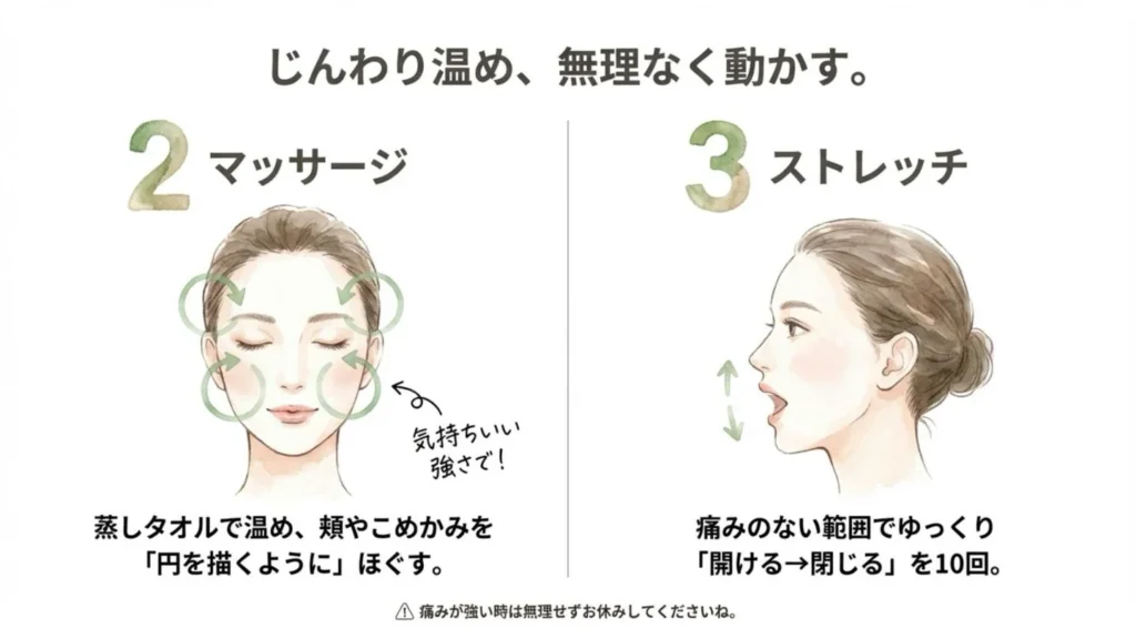 今日からできるやさしい顎のセルフケアその2・その3。頬やこめかみを円を描くようにほぐすマッサージと、痛みのない範囲でゆっくり口を開け閉めするストレッチの図解