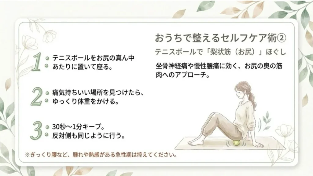 坐骨神経痛や慢性腰痛に効くセルフケア。テニスボールをお尻の下に置いて座り、梨状筋の奥をほぐす女性のイラストと具体的な手順の解説。