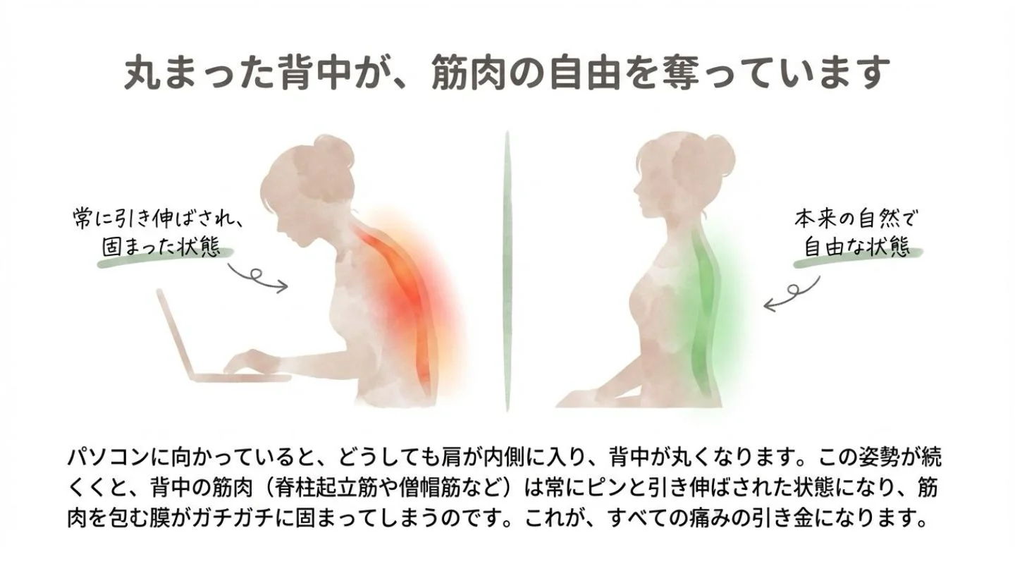 パソコン作業で疲労している女性のイラスト。長時間のデスクワークで硬くなった筋肉に、急な運動などの負荷がかかることが背中の痛みを発生させるメカニズムを図解しています 。