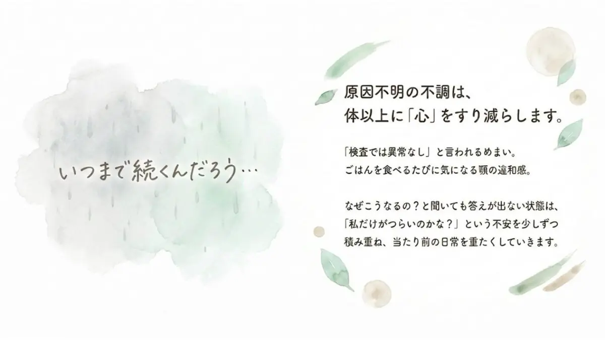 検査では異常なしと言われるめまいや食事のたびに気になる顎の違和感など、原因不明の不調が体だけでなく心まで不安にさせる状態に寄り添うメッセージ