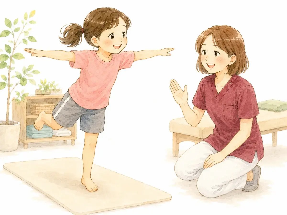 女の子が両手を広げて片足立ちをして身体のバランスを確認している様子。総社整体MOMIJIの院長が隣で安全を見守りながら、笑顔で声をかけて状態をチェックしています。