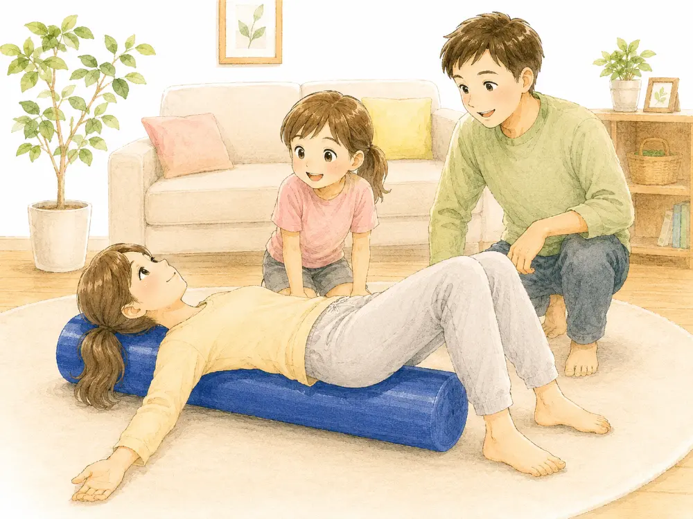 自宅のリビングで母親がストレッチポールを使ってセルフケアを行っている様子。女の子と父親がそばで笑顔でサポートし、整体で学んだケアを家族で楽しく習慣化している場面です。