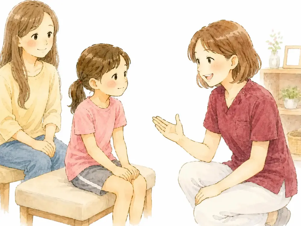 総社整体院MOMIJIの院長が母親と一緒に来院した女の子と同じ目線にしゃがみ、笑顔で優しく対話しながらカウンセリングを行っている様子。