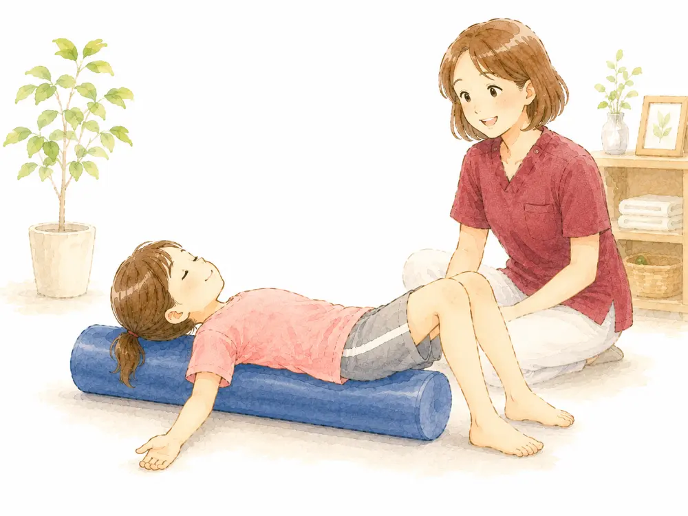 女の子がストレッチポールの上に仰向けになり、リラックスした状態で施術を受けている様子。整体師が足元から姿勢や筋肉の緊張を優しく整え、正しい体の使い方をサポートしています。