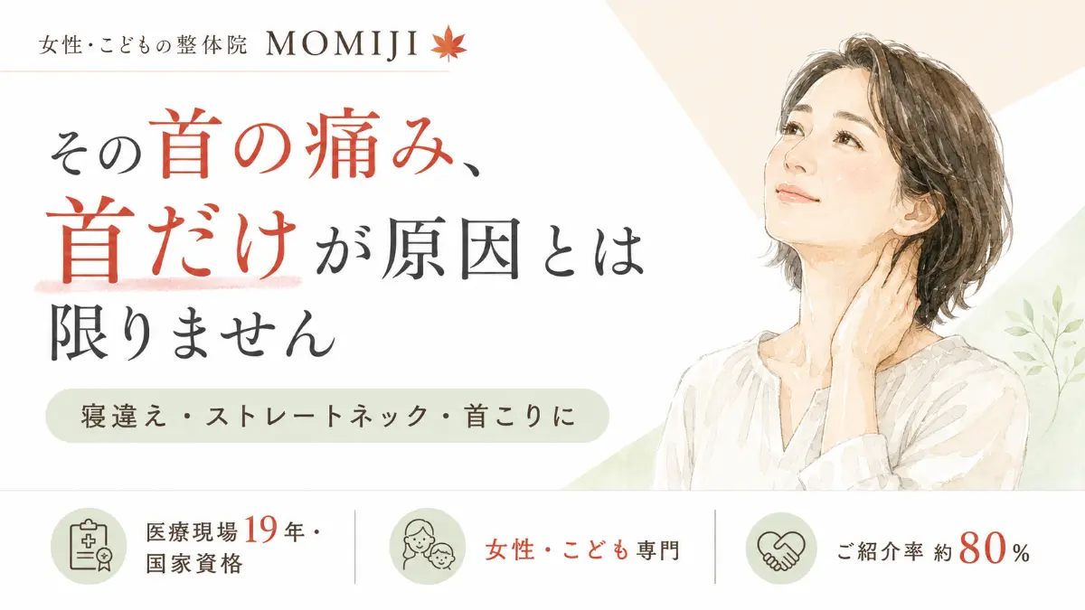 首に手を当てて微笑む女性のイラストを添えた、女性・こども専門の整体院MOMIJIの案内。寝違えやストレートネックなどの首の痛みは首以外にも原因があることを説明し、医療現場19年の実績や約80%の高い紹介率をアピールしています。