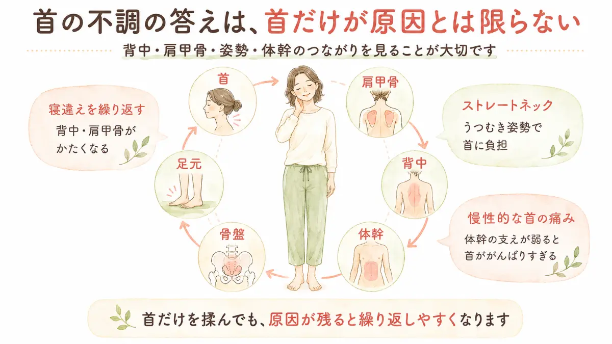 首の不調は首だけが原因ではないことを解説する図解。首を中心として肩甲骨、背中、体幹、骨盤、足元が連動している様子を円状のイラストで示し、繰り返す寝違えやストレートネックといった症状が、姿勢や全身のバランスから引き起こされることを説明しています。