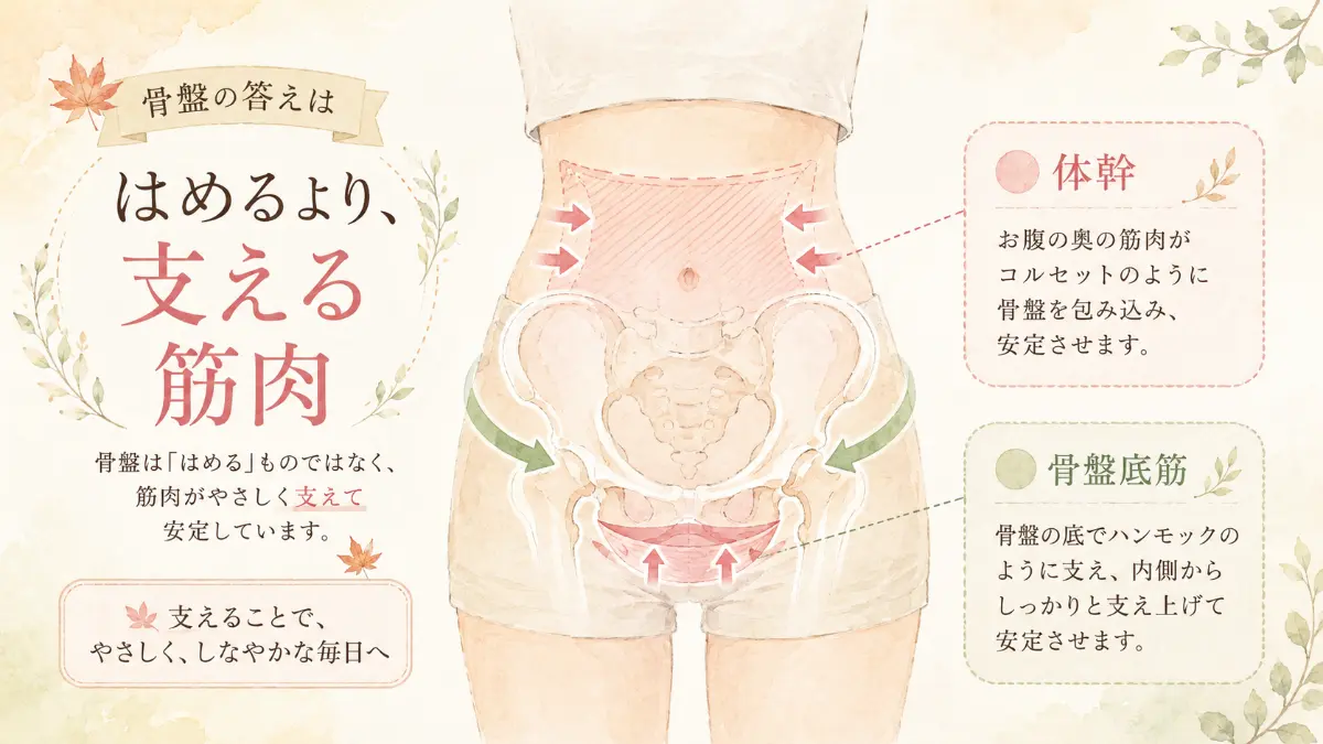 骨盤を安定させる仕組みを説明した解説図。骨盤は骨をはめるのではなく、コルセットのようにお腹を包む体幹と、ハンモックのように内側から支え上げる骨盤底筋という2つの筋肉によって支えられていることを示しています。
