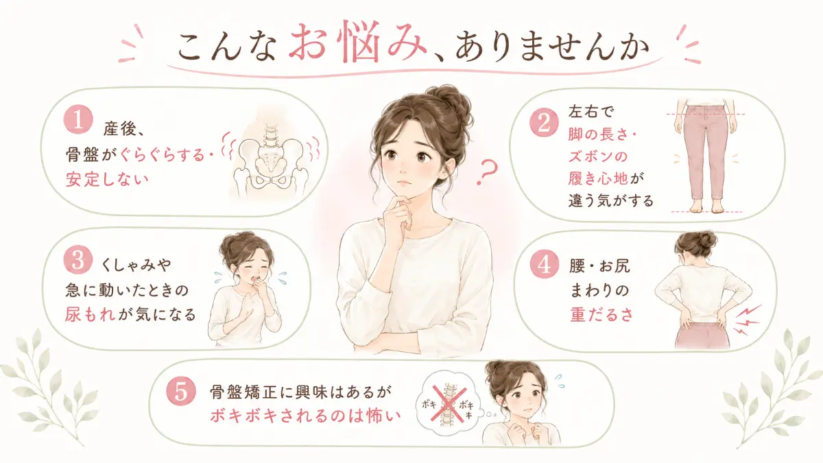 産後の女性が抱える5つの具体的な悩みを挙げたチェックリスト。骨盤のぐらつき、左右のバランスの違和感、くしゃみ時の尿もれ、腰やお尻の重だるさ、そして骨盤矯正でのボキボキされる施術への恐怖心をイラストと共に紹介しています。