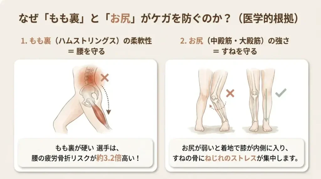 もも裏の柔軟性が腰を守り、お尻の筋力がすねを守る仕組み。もも裏が硬い選手は腰の疲労骨折リスクが約3.2倍
