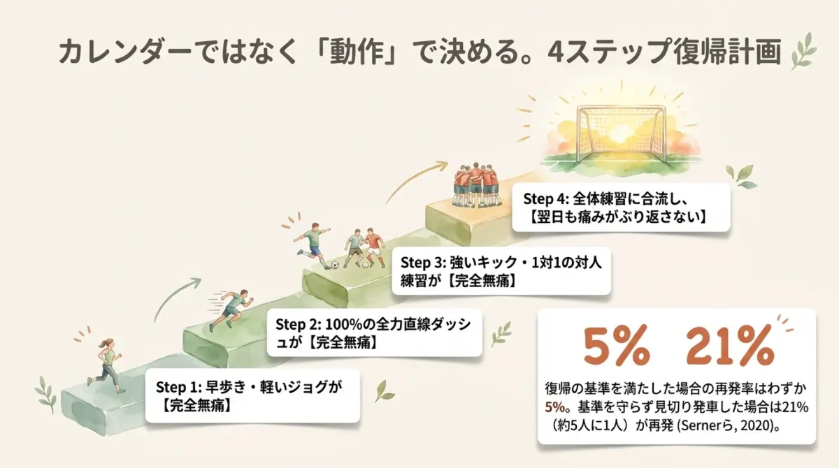 グロインペイン症候群の4ステップ復帰計画。早歩きとジョグ、全力ダッシュ、強いキックと対人練習、全体練習の順に痛みが出ないことを条件に進む