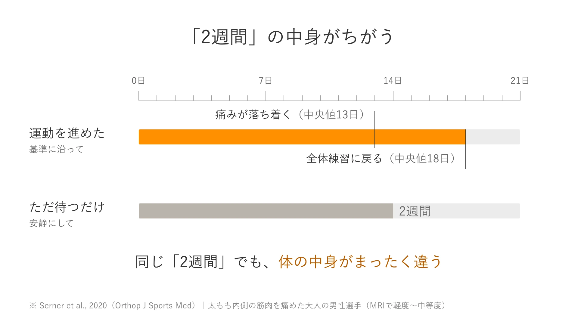 基準に沿って運動を進めた場合は痛みが落ち着くまで中央値13日、全体練習に戻るまで18日。ただ安静にして待つ2週間との違いを示した図