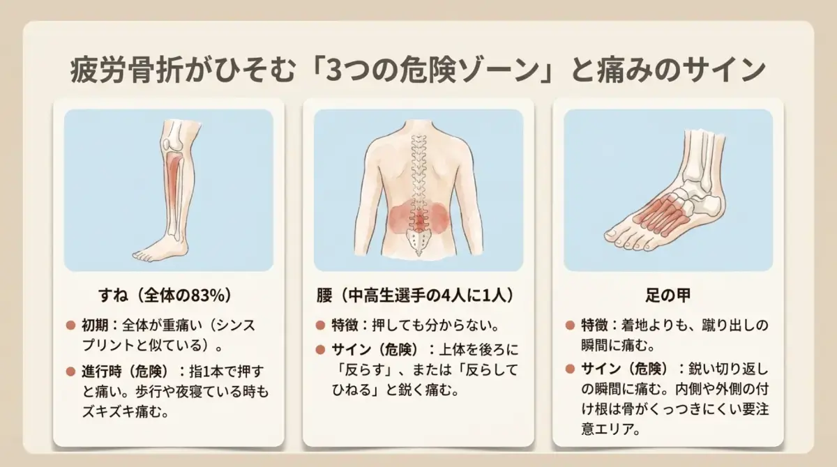 子どもの疲労骨折が起きる3つの部位と痛み方。すねが全体の83%、腰は中高生選手の4人に1人、足の甲は蹴り出しの瞬間に痛む