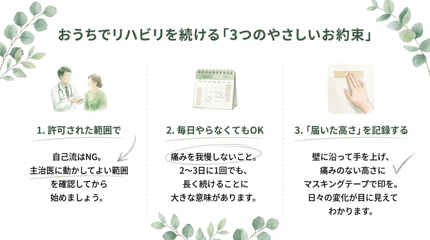 自宅でリハビリを続ける3つのコツの図。許可された範囲で、毎日やらなくてもよい、届いた高さを記録する